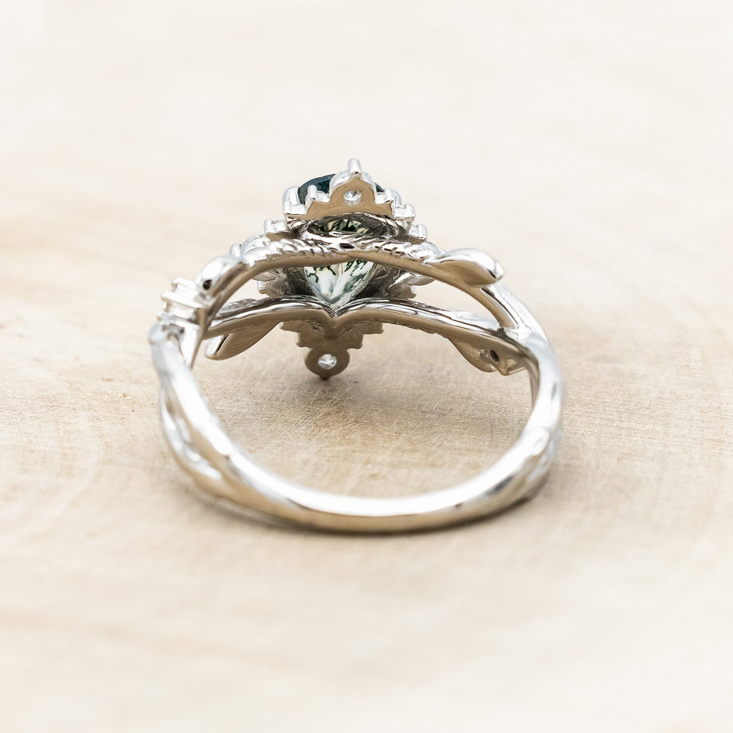 "Artemis On The Vine Divine" - Moss Agate Engagement Ring With Diamond Accents & A Branch-Style Band