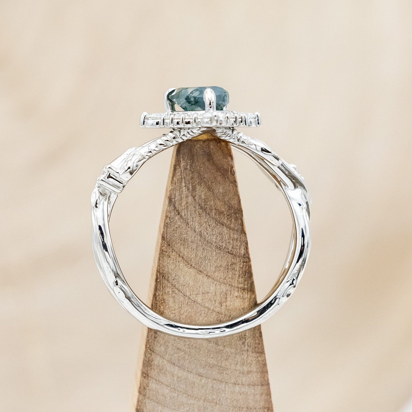 "Artemis On The Vine Divine" - Moss Agate Engagement Ring With Diamond Accents & A Branch-Style Band