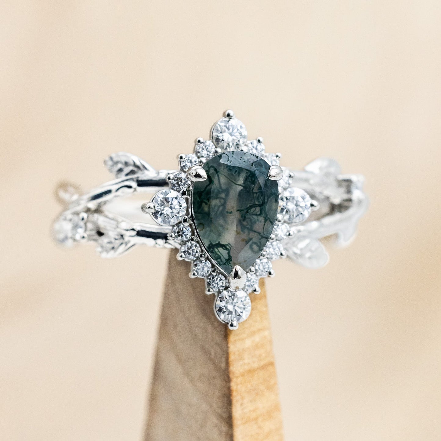 "Artemis On The Vine Divine" - Moss Agate Engagement Ring With Diamond Accents & A Branch-Style Band