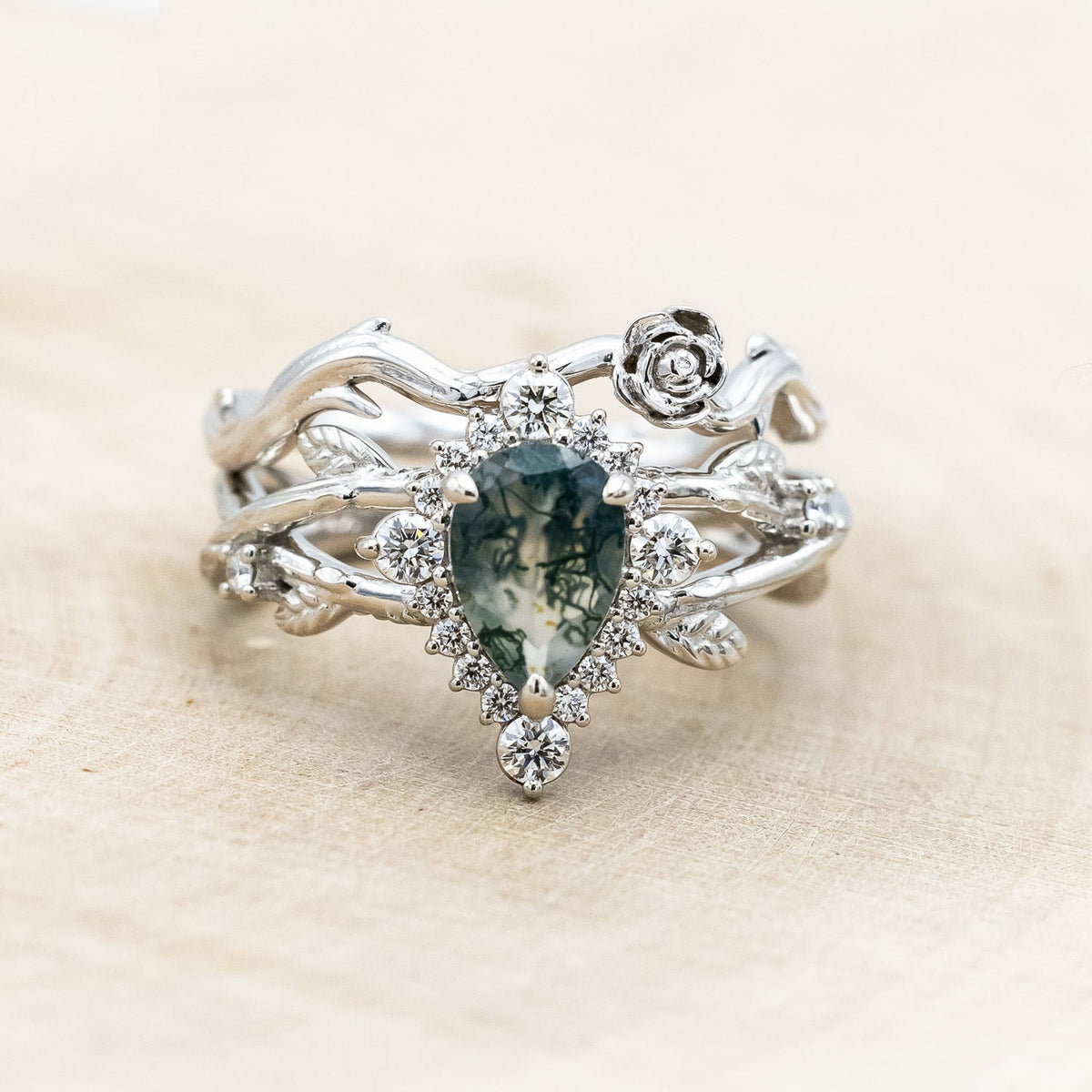 "Artemis On The Vine Divine" - Moss Agate Engagement Ring With Diamond Accents & A Branch-Style Band