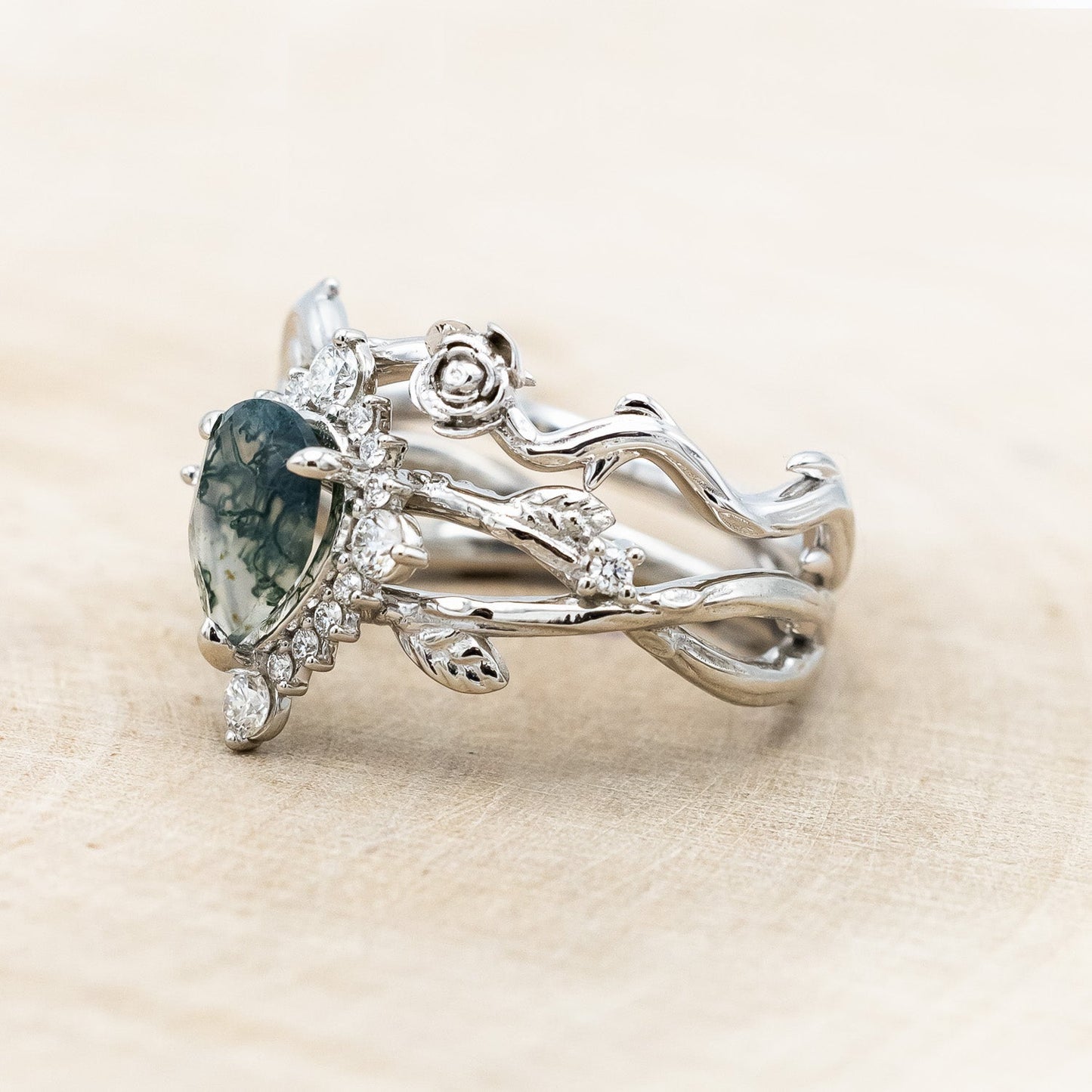 "Artemis On The Vine Divine" - Moss Agate Engagement Ring With Diamond Accents & A Branch-Style Band