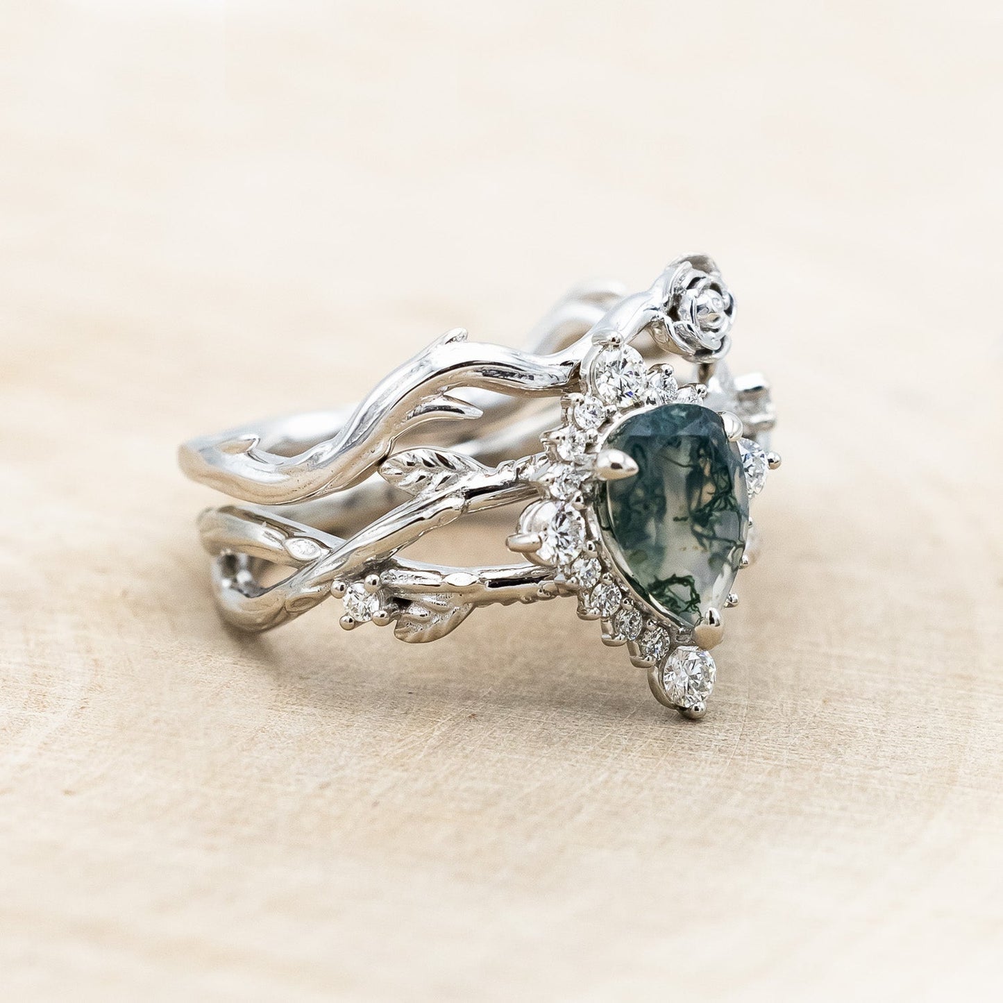 "Artemis On The Vine Divine" - Moss Agate Engagement Ring With Diamond Accents & A Branch-Style Band