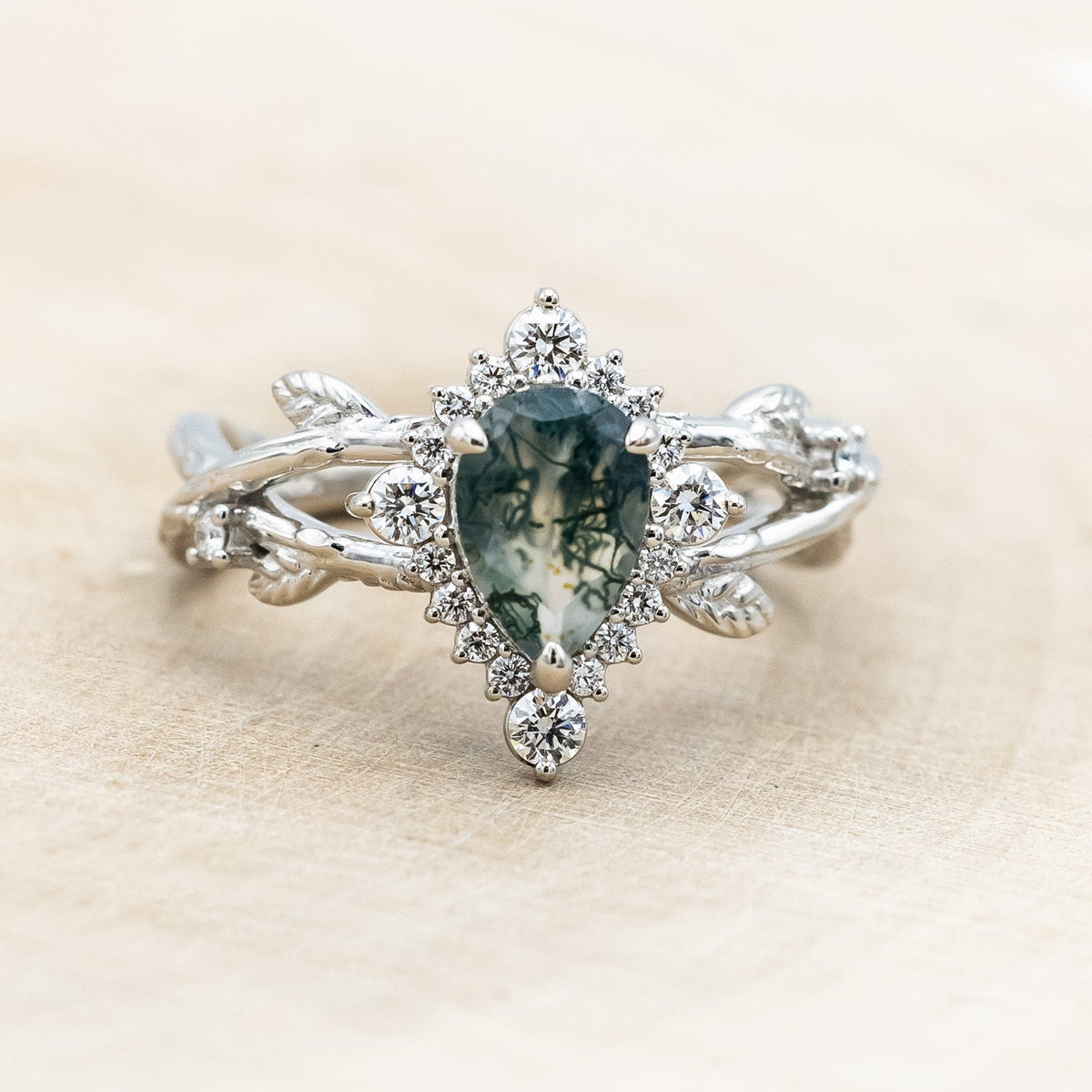 "Artemis On The Vine Divine" - Moss Agate Engagement Ring With Diamond Accents & A Branch-Style Band