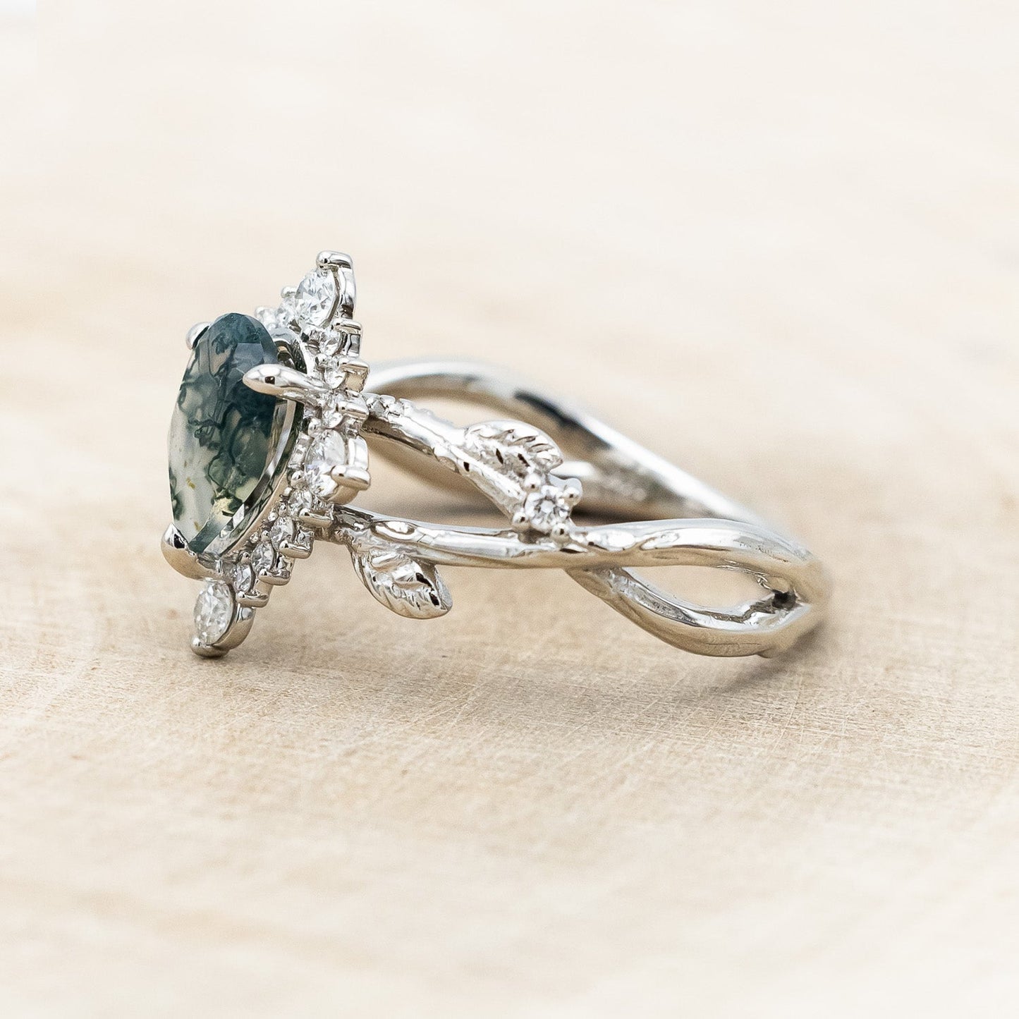 "Artemis On The Vine Divine" - Moss Agate Engagement Ring With Diamond Accents & A Branch-Style Band