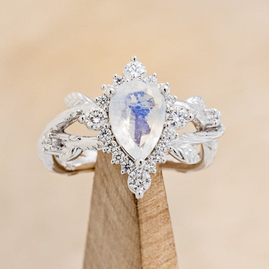 "Artemis On The Vine Divine" - Moonstone Engagement Ring With Diamond Accents & A Branch-Style Band