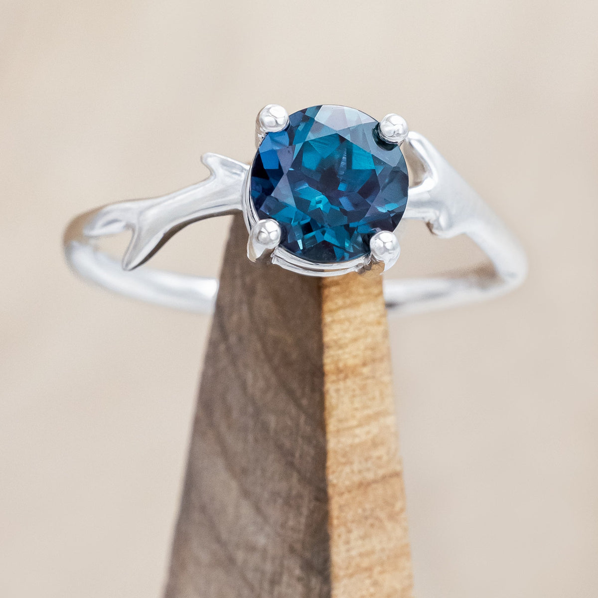 "Artemis" - Round Cut Lab-Grown Alexandrite Engagement Ring With An Antler-Style Band