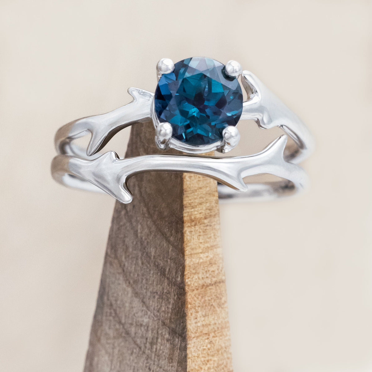 "Artemis" - Round Cut Lab-Grown Alexandrite Engagement Ring With An Antler-Style Band