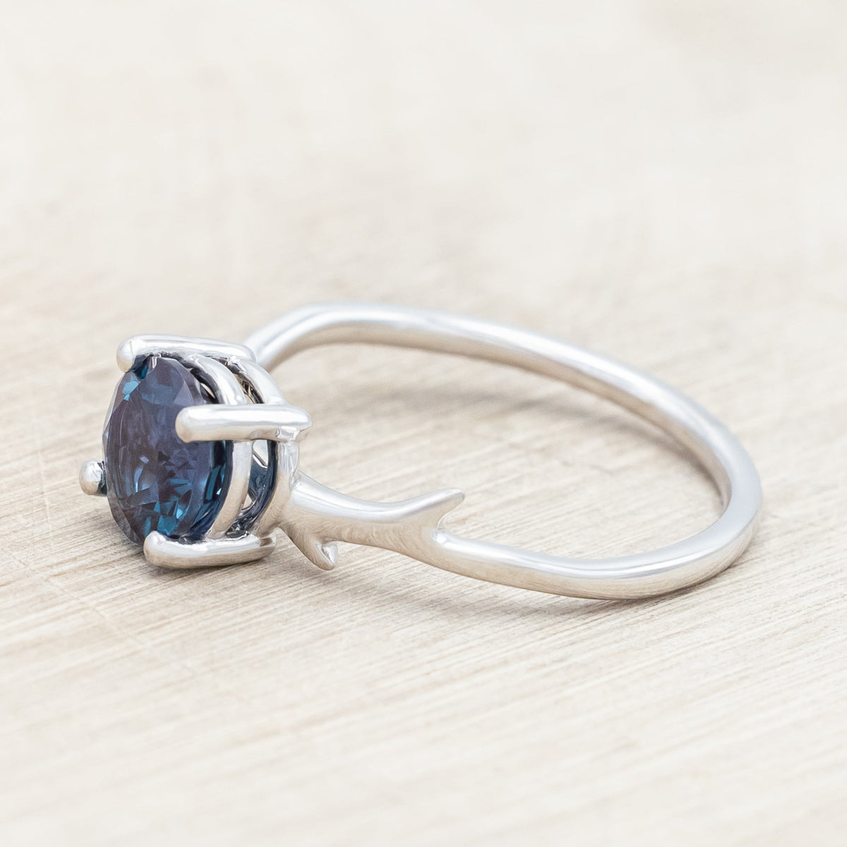 "Artemis" - Round Cut Lab-Grown Alexandrite Engagement Ring With An Antler-Style Band