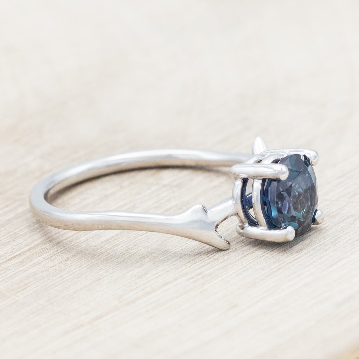 "Artemis" - Round Cut Lab-Grown Alexandrite Engagement Ring With An Antler-Style Band
