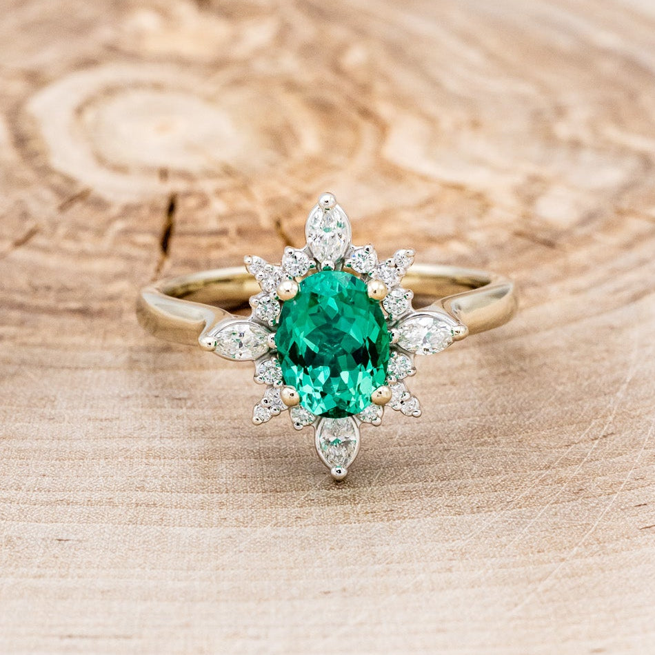 "Azalea" - Oval Lab-Grown Emerald Engagement Ring With Diamond Halo