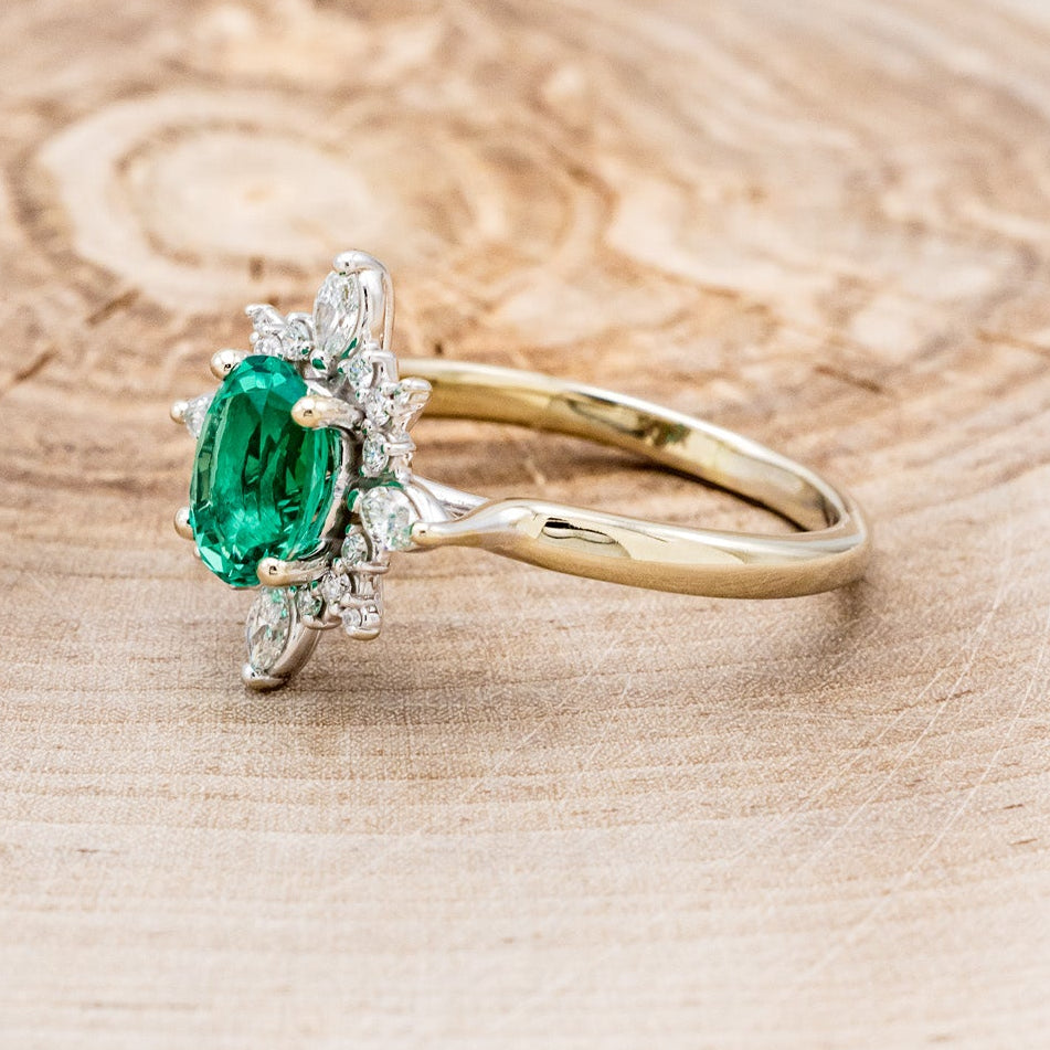 "Azalea" - Oval Lab-Grown Emerald Engagement Ring With Diamond Halo