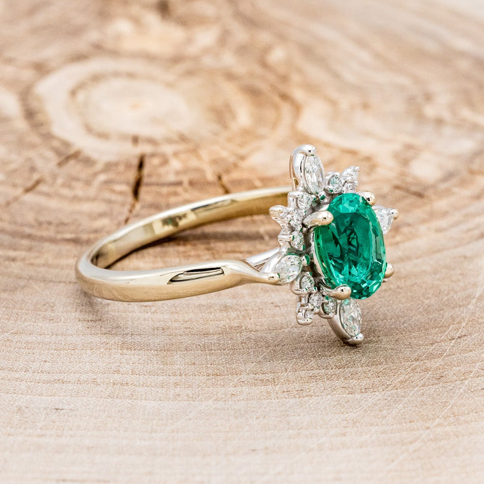 "Azalea" - Oval Lab-Grown Emerald Engagement Ring With Diamond Halo