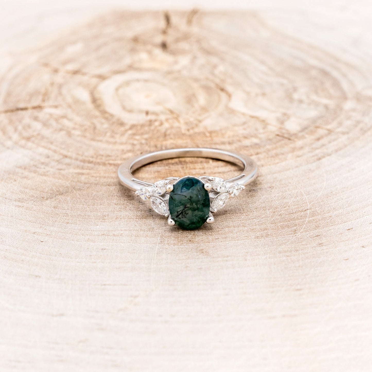 "Blossom" - Oval Cut Moss Agate Engagement Ring With Diamond Accents