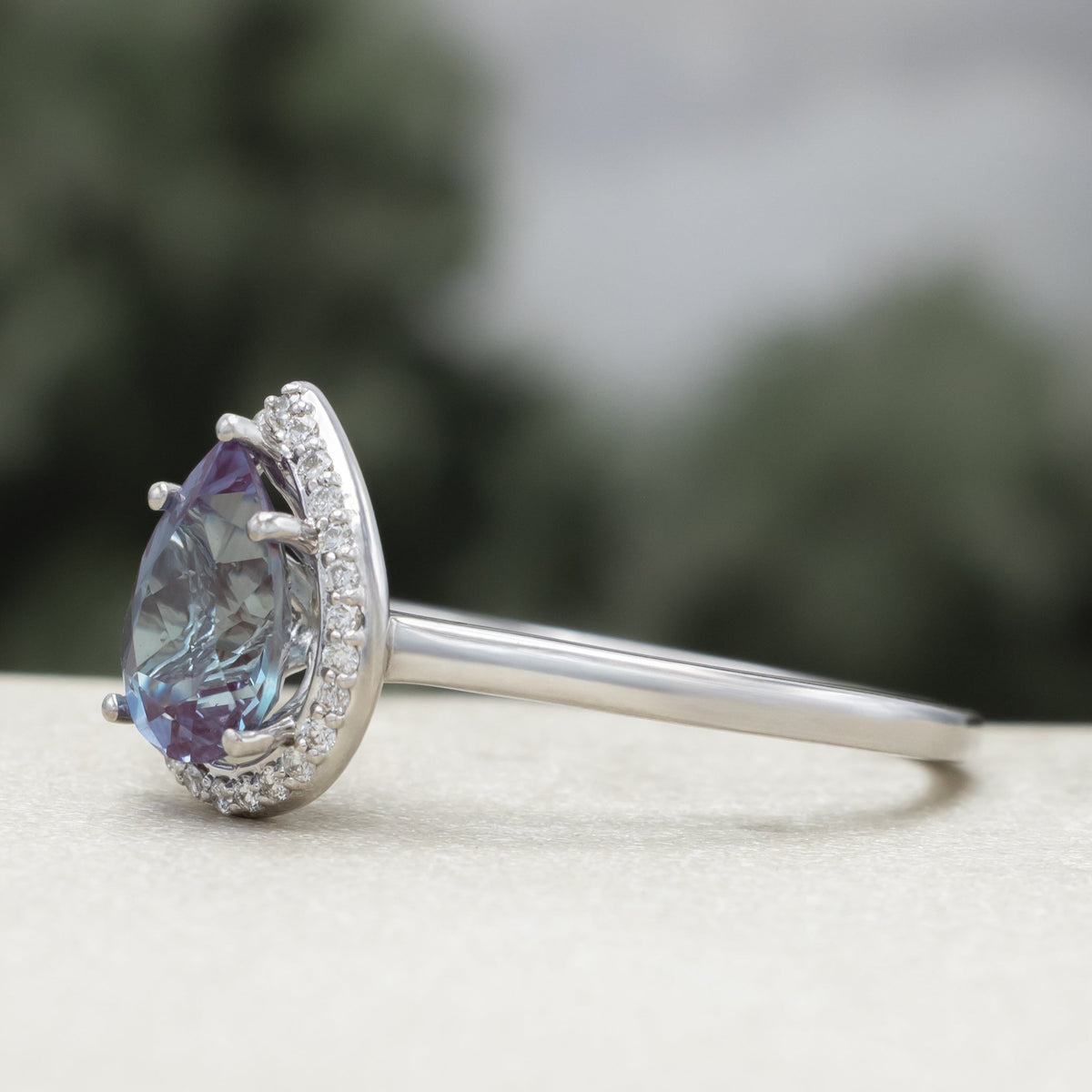 "Clariss" - Pear Cut Engagement Ring With Diamond Accents & A Contoured Stacker