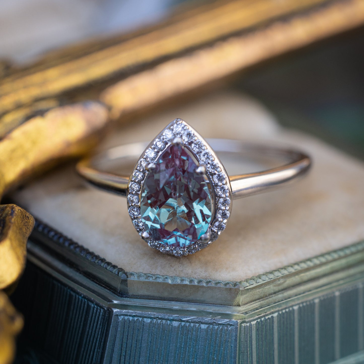 "Clariss" - Pear Cut Engagement Ring With Diamond Accents & A Contoured Stacker