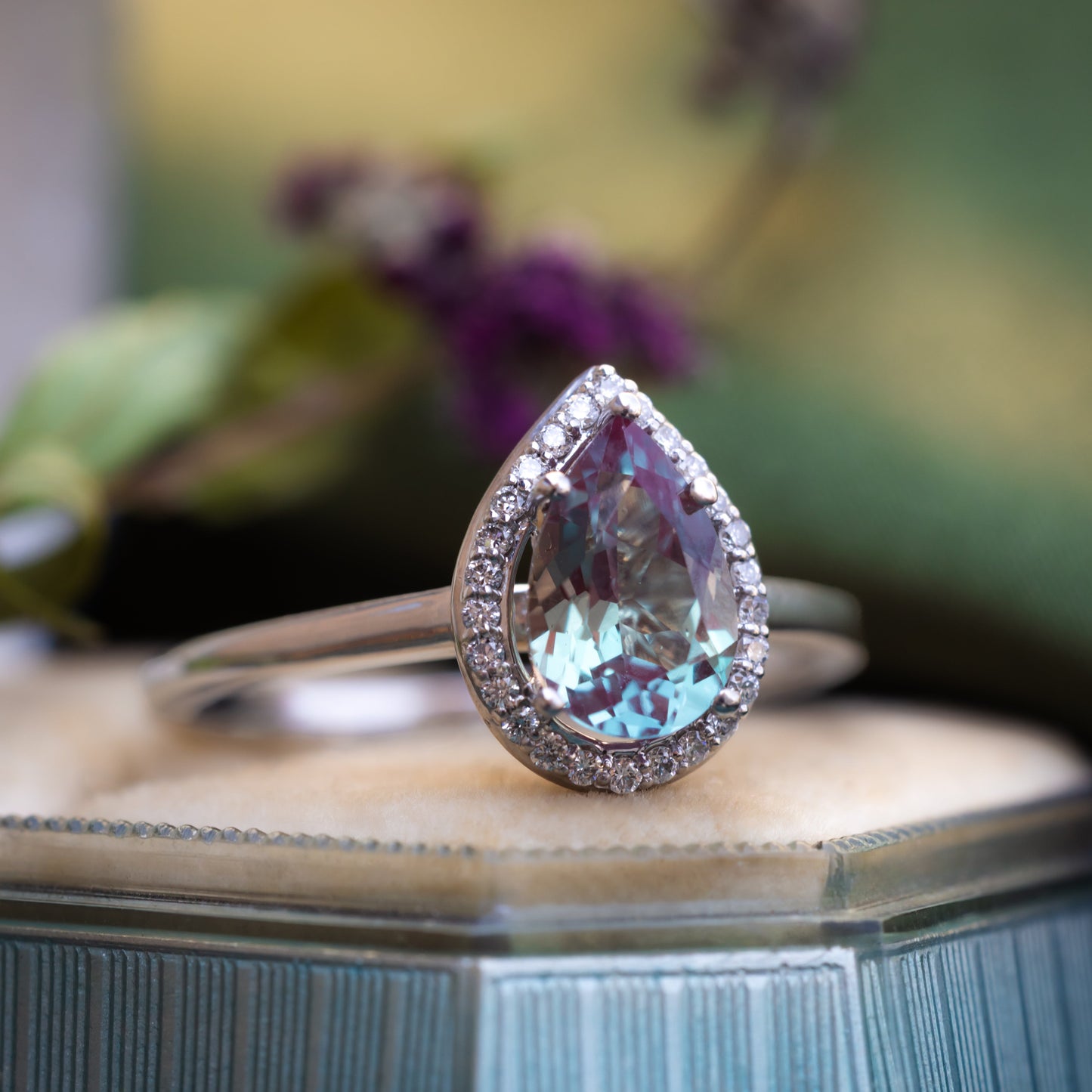 "Clariss" - Pear Cut Engagement Ring With Diamond Accents & A Contoured Stacker