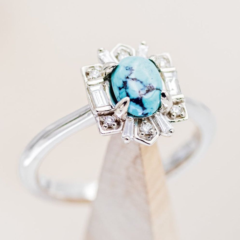 "Cleopatra" - Turquoise Engagement Ring With Diamond Accents & "Sama" Tracers