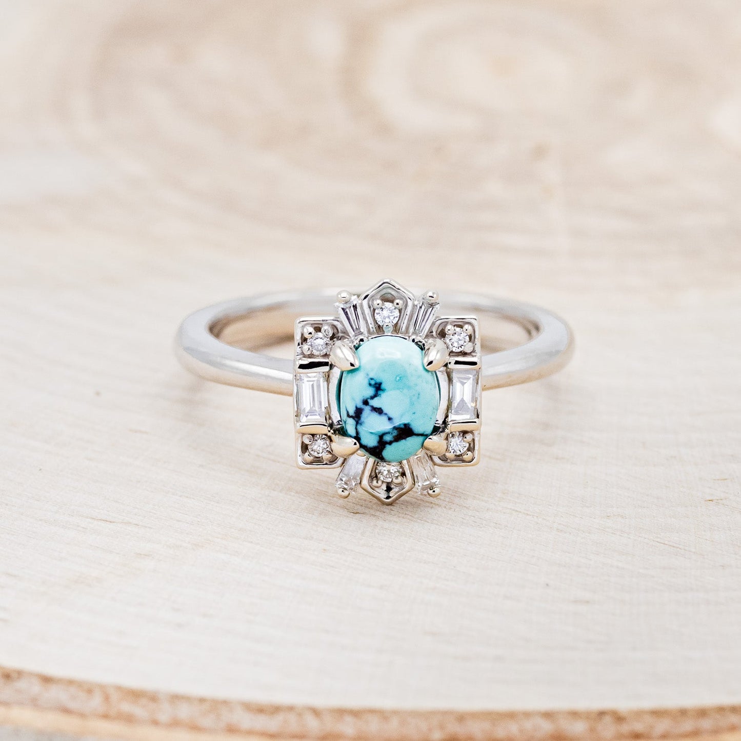 "Cleopatra" - Turquoise Engagement Ring With Diamond Accents & "Sama" Tracers
