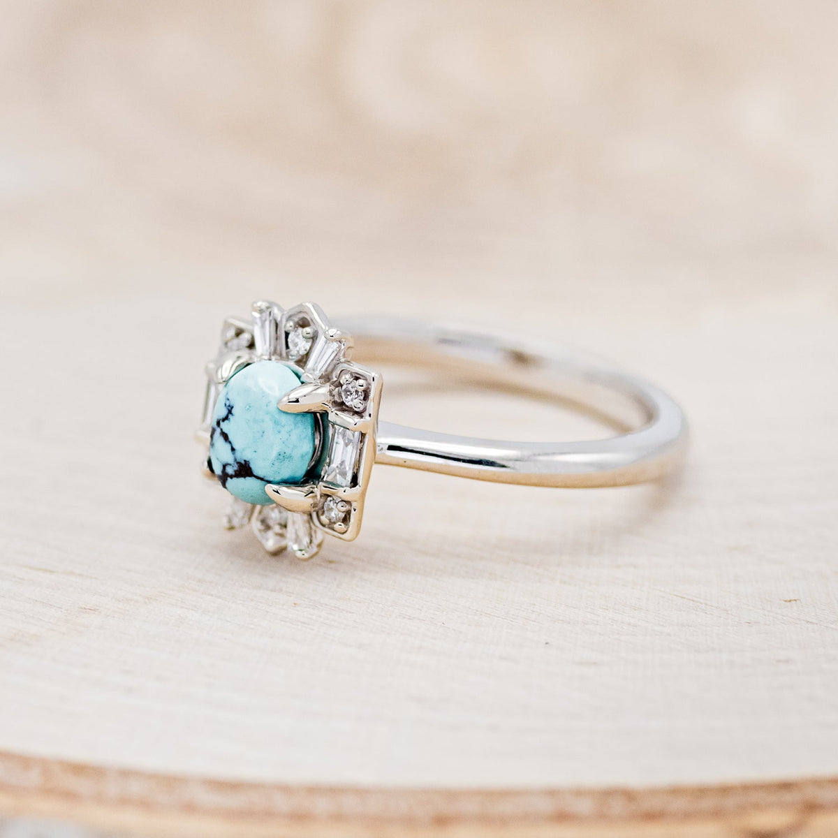 "Cleopatra" - Turquoise Engagement Ring With Diamond Accents & "Sama" Tracers