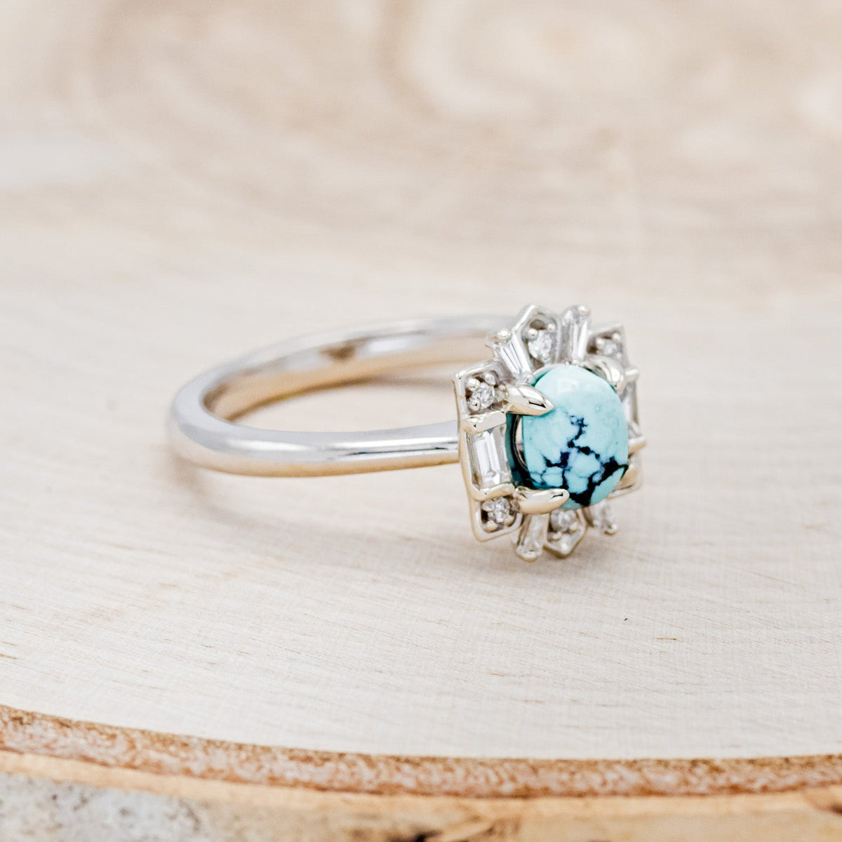 "Cleopatra" - Turquoise Engagement Ring With Diamond Accents & "Sama" Tracers