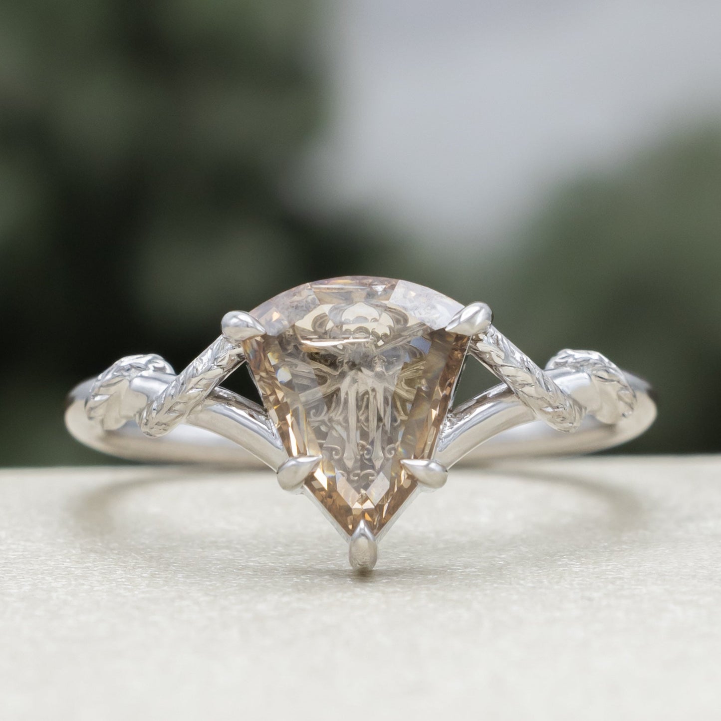 One-Of-A-Kind - "Dragonfly" - Engagement Ring With Shield Cut Champagne Diamond & Custom Vine Filigree