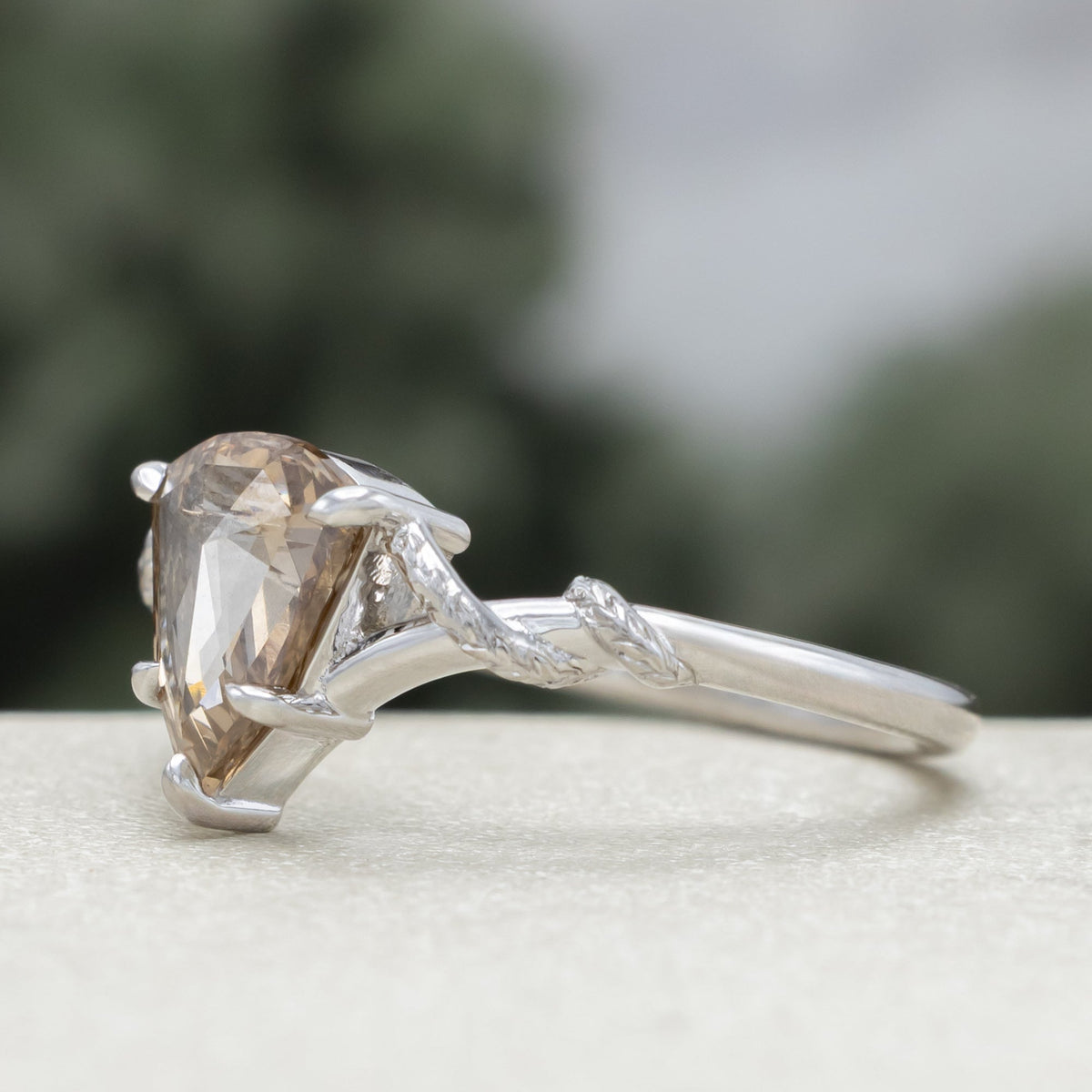 One-Of-A-Kind - "Dragonfly" - Engagement Ring With Shield Cut Champagne Diamond & Custom Vine Filigree