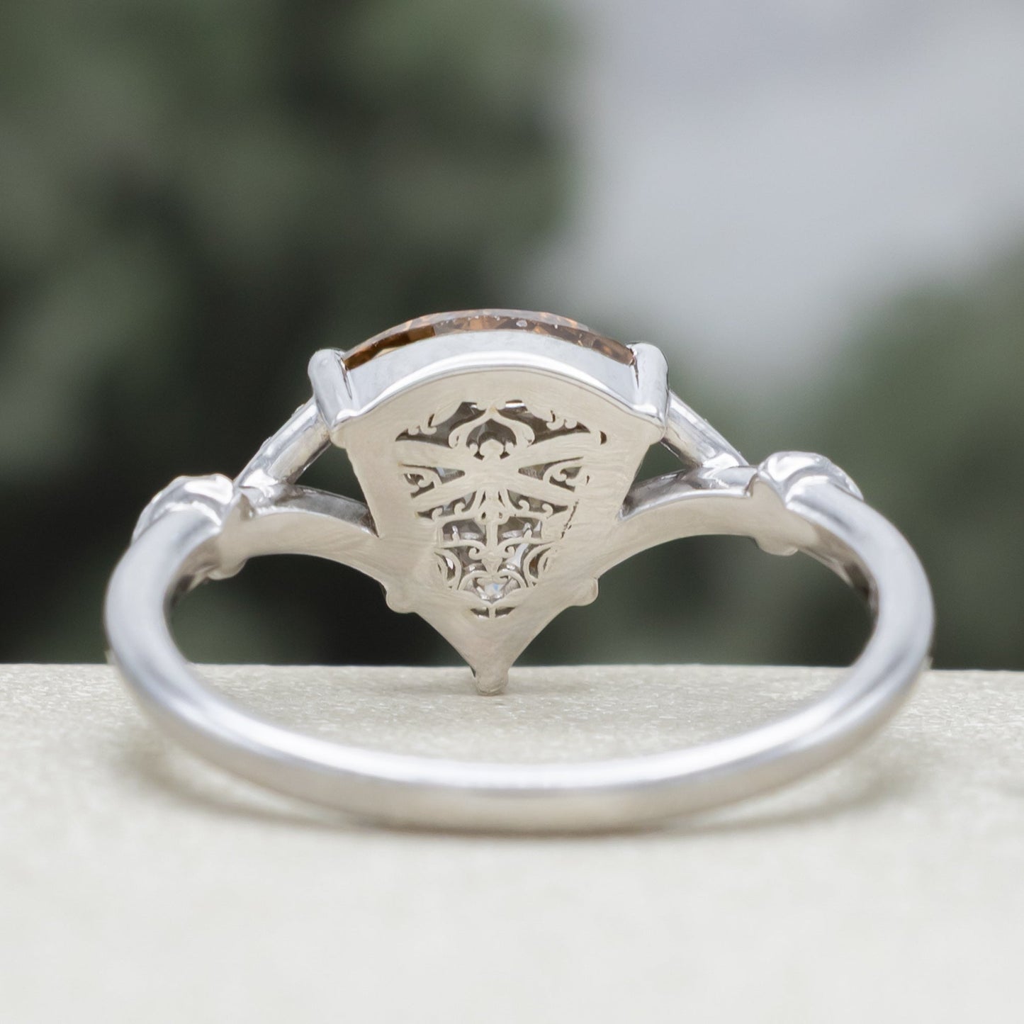 One-Of-A-Kind - "Dragonfly" - Engagement Ring With Shield Cut Champagne Diamond & Custom Vine Filigree