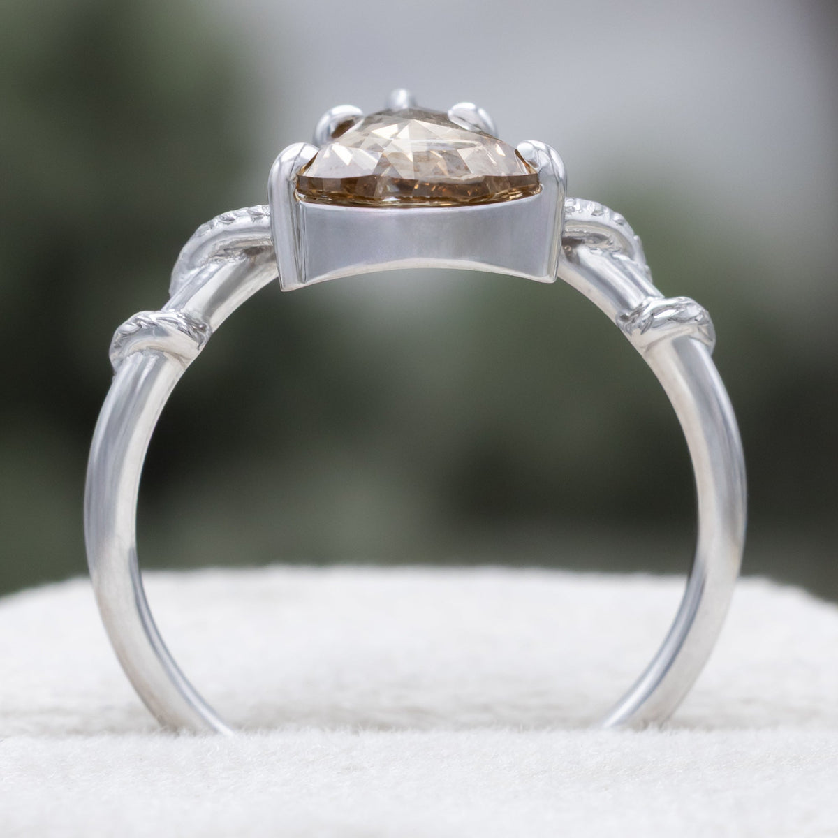 One-Of-A-Kind - "Dragonfly" - Engagement Ring With Shield Cut Champagne Diamond & Custom Vine Filigree