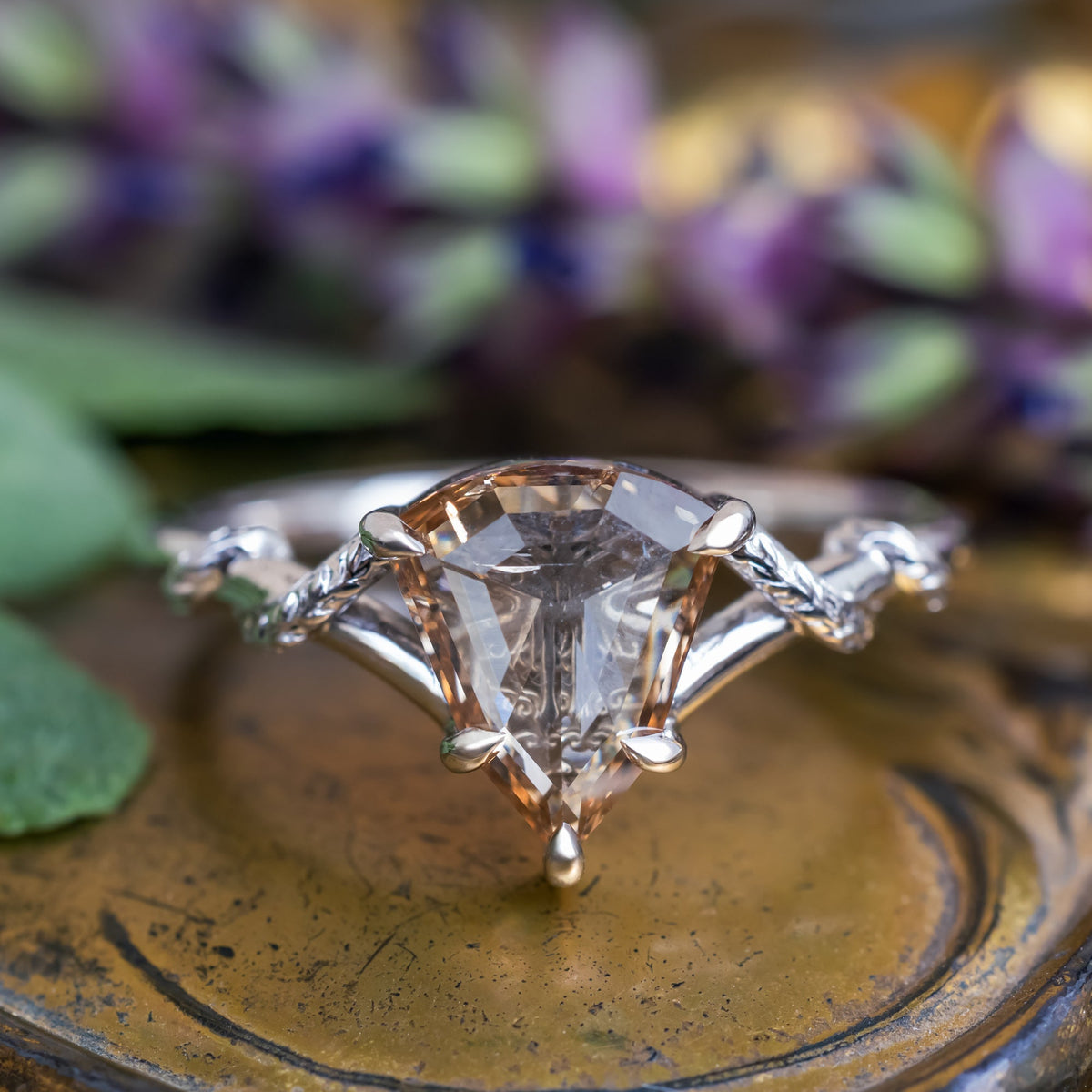 One-Of-A-Kind - "Dragonfly" - Engagement Ring With Shield Cut Champagne Diamond & Custom Vine Filigree