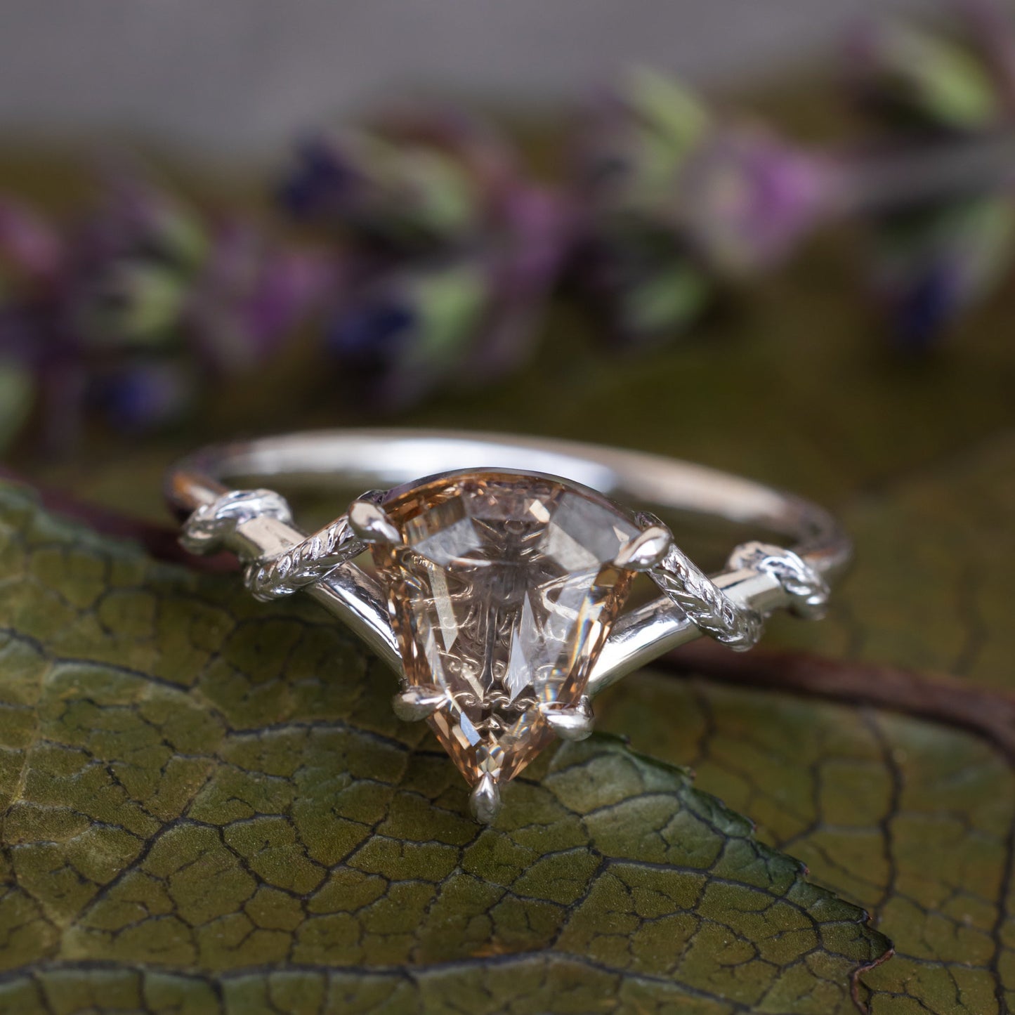 One-Of-A-Kind - "Dragonfly" - Engagement Ring With Shield Cut Champagne Diamond & Custom Vine Filigree