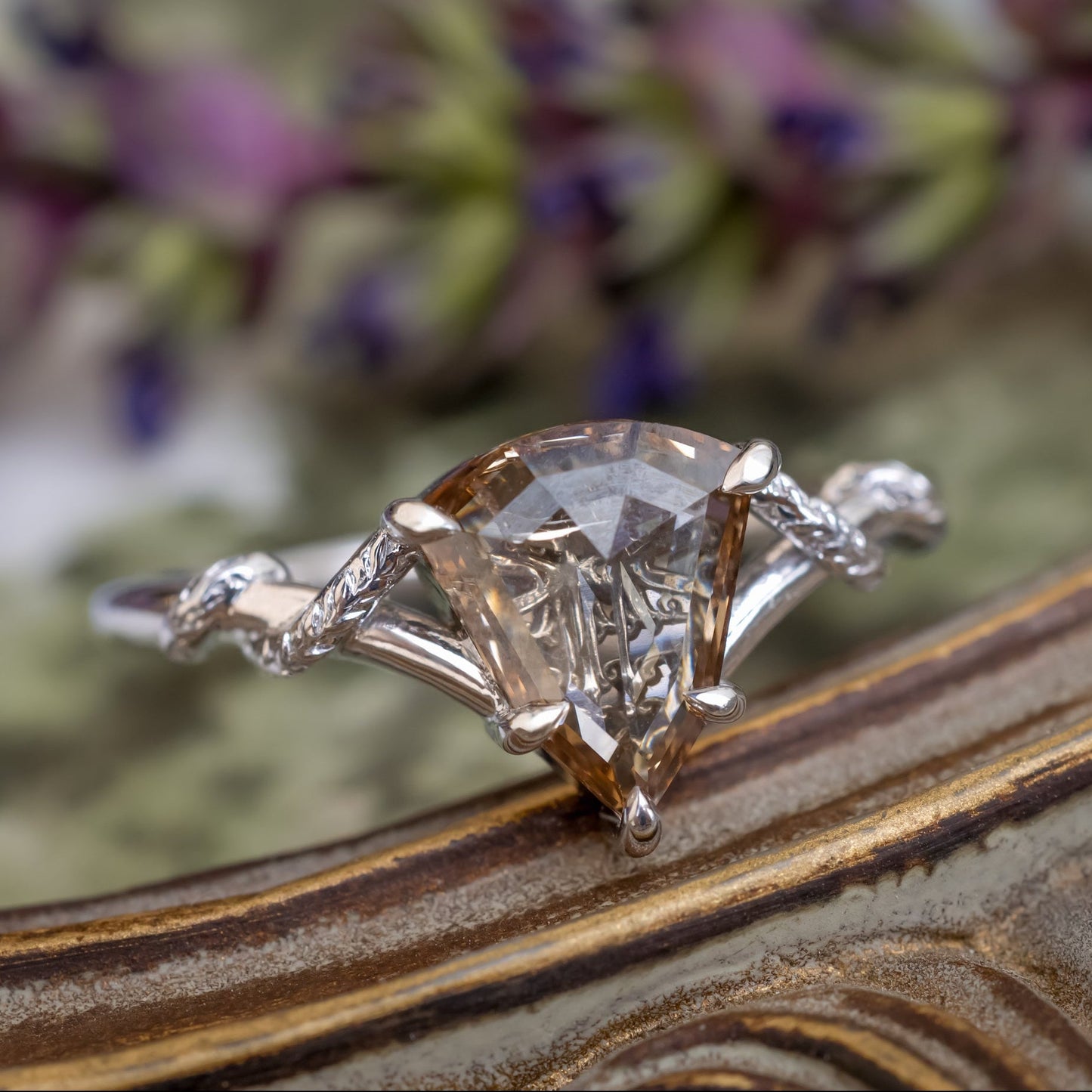 One-Of-A-Kind - "Dragonfly" - Engagement Ring With Shield Cut Champagne Diamond & Custom Vine Filigree