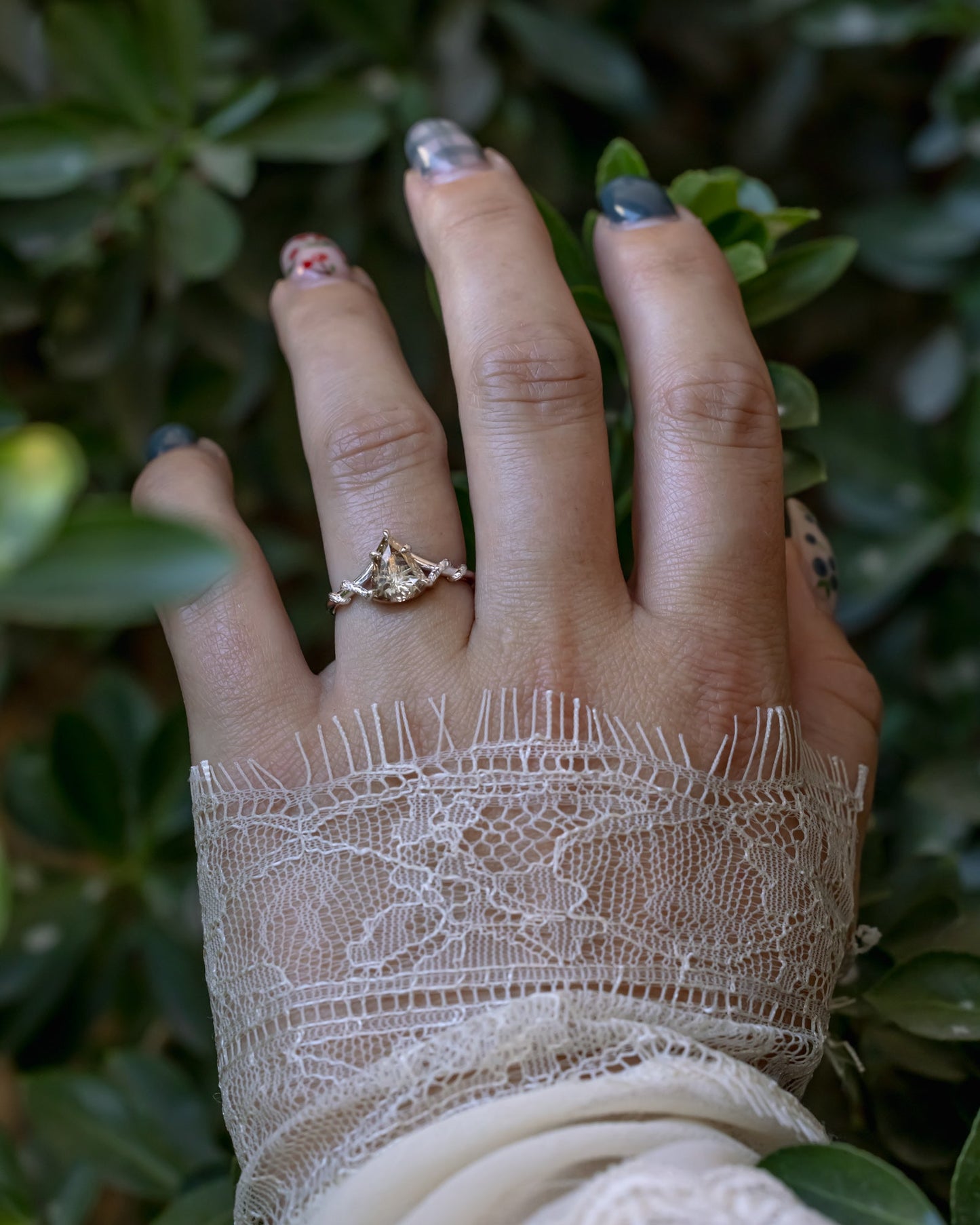 One-Of-A-Kind - "Dragonfly" - Engagement Ring With Shield Cut Champagne Diamond & Custom Vine Filigree