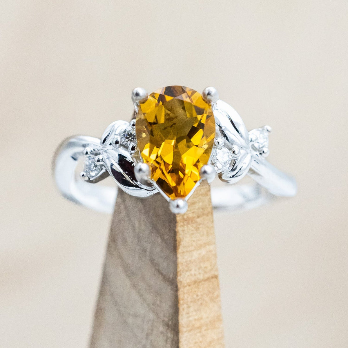 "Gladys" - Pear Cut Citrine Engagement Ring With Diamond Accents On A Floral-Style Band