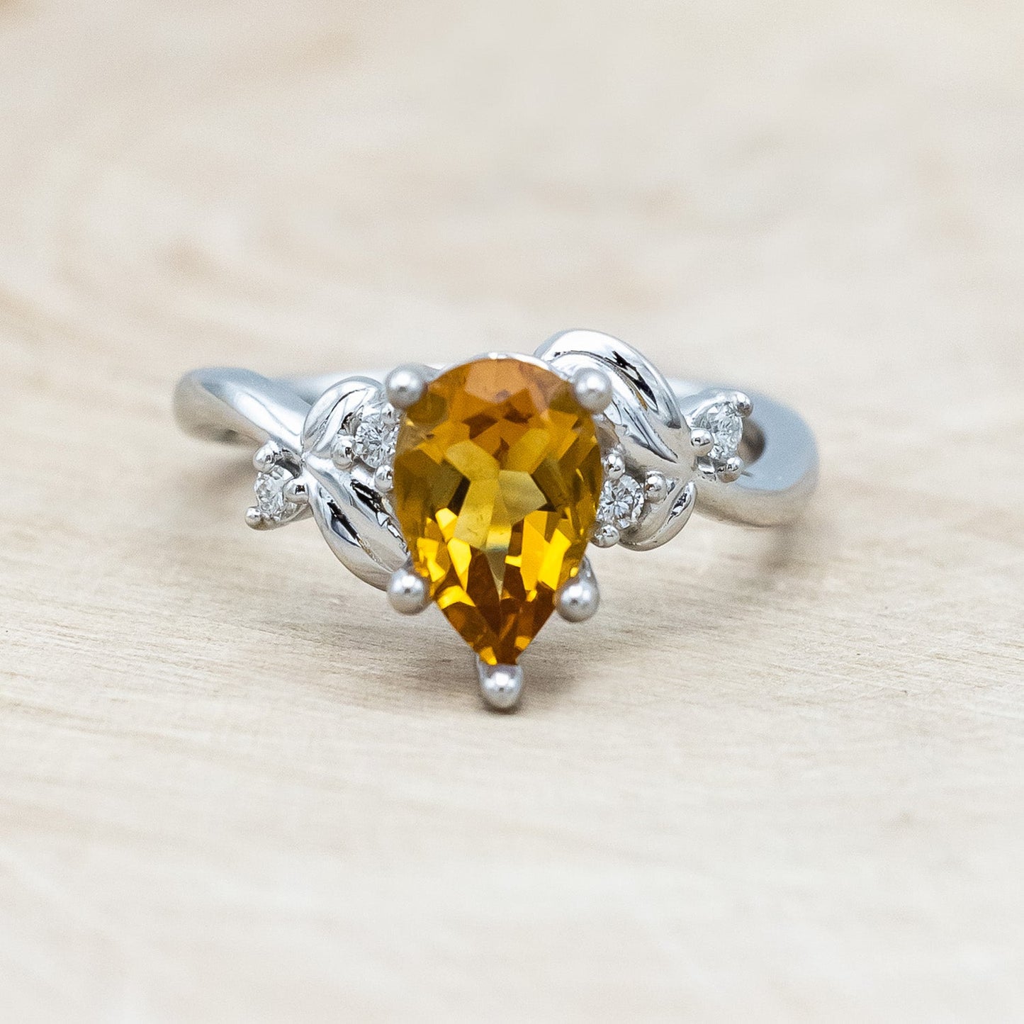 "Gladys" - Pear Cut Citrine Engagement Ring With Diamond Accents On A Floral-Style Band