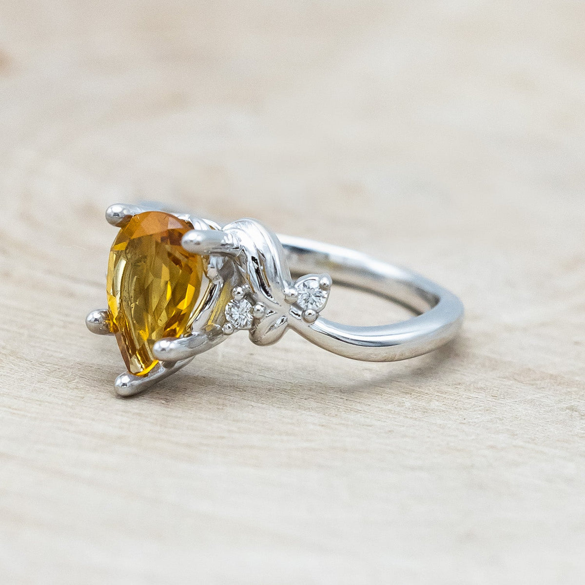"Gladys" - Pear Cut Citrine Engagement Ring With Diamond Accents On A Floral-Style Band