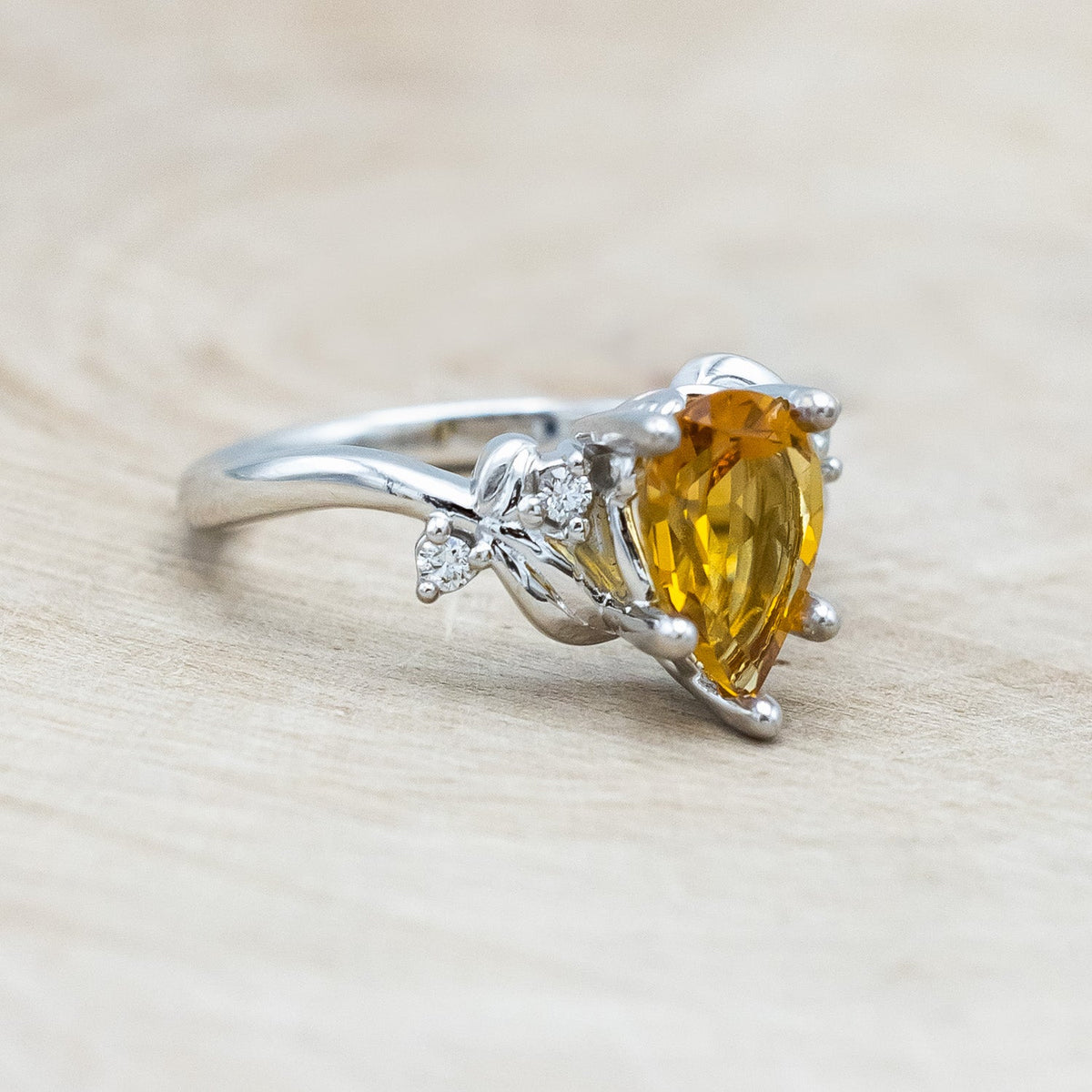 "Gladys" - Pear Cut Citrine Engagement Ring With Diamond Accents On A Floral-Style Band