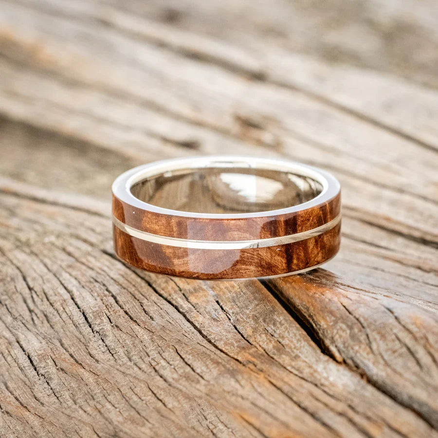 "Golden" - Redwood & 14K White Gold Inlay Wedding Band - 14K White Gold (8mm) - Size 9