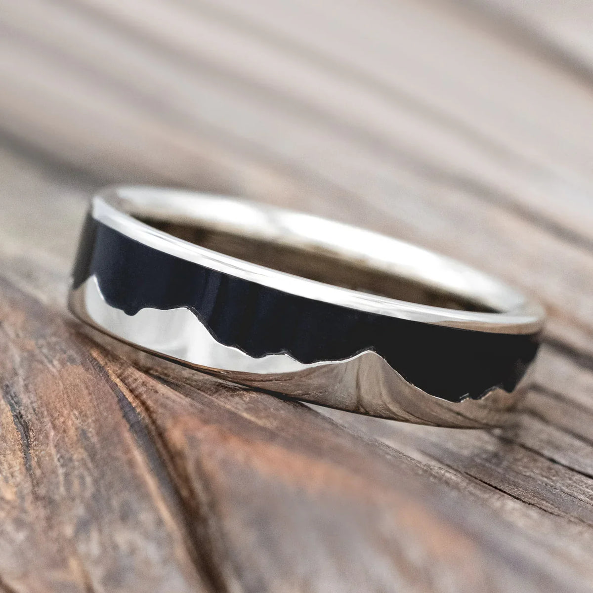 "Helios" - Mountain Range Wedding Band With Jet Stone Inlay - 14K White Gold (6mm) - Size 10
