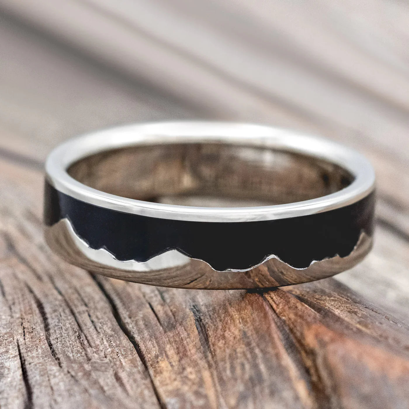"Helios" - Mountain Range Wedding Band With Jet Stone Inlay - 14K White Gold (6mm) - Size 10