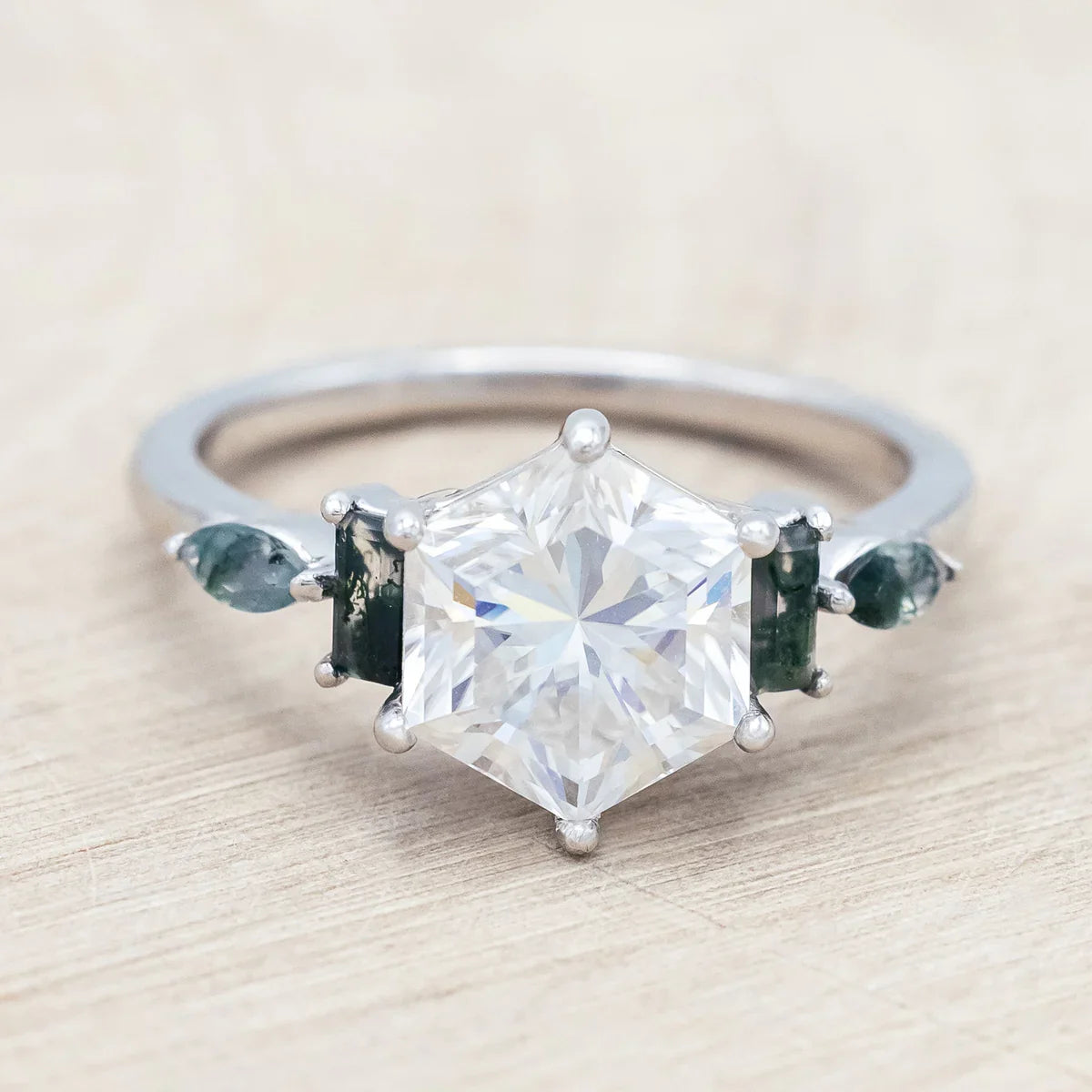 "Sitala" - Hexagon Cut Moissanite Engagement Ring With Moss Agate Accents - 14K White Gold - Size 8 1/4