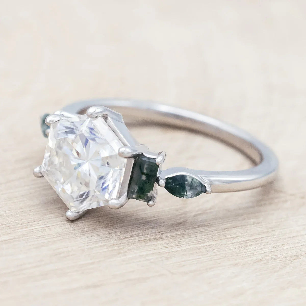 "Sitala" - Hexagon Cut Moissanite Engagement Ring With Moss Agate Accents - 14K White Gold - Size 8 1/4