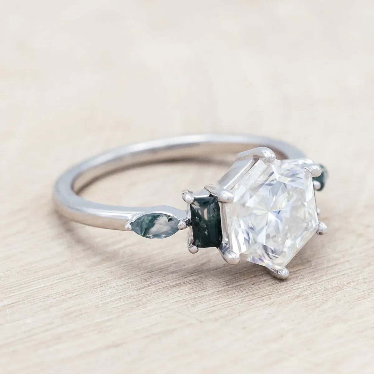 "Sitala" - Hexagon Cut Moissanite Engagement Ring With Moss Agate Accents - 14K White Gold - Size 8 1/4