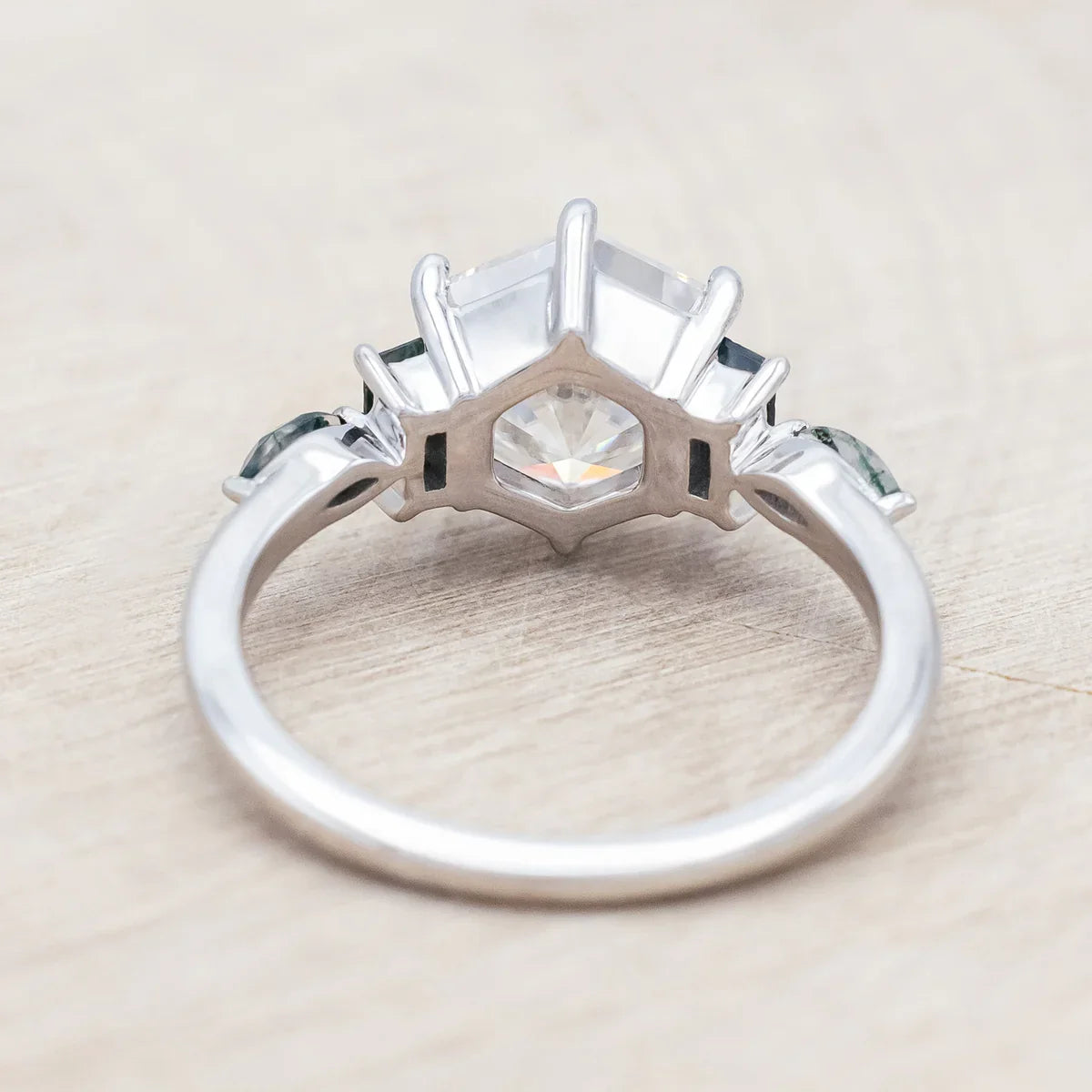 "Sitala" - Hexagon Cut Moissanite Engagement Ring With Moss Agate Accents - 14K White Gold - Size 8 1/4