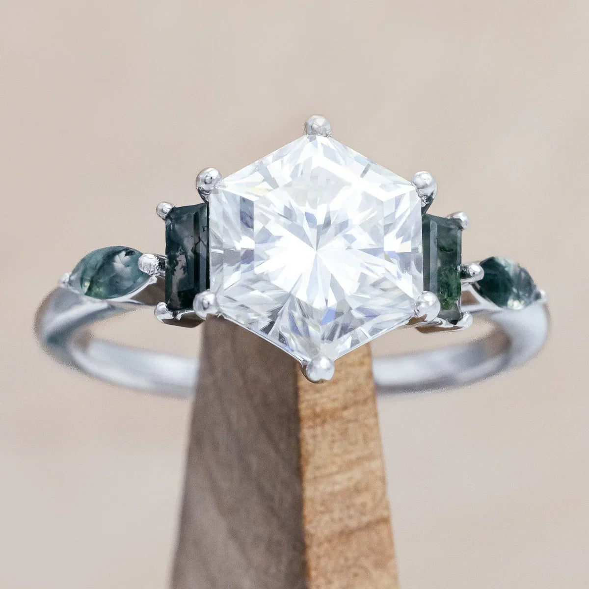 "Sitala" - Hexagon Cut Moissanite Engagement Ring With Moss Agate Accents - 14K White Gold - Size 8 1/4