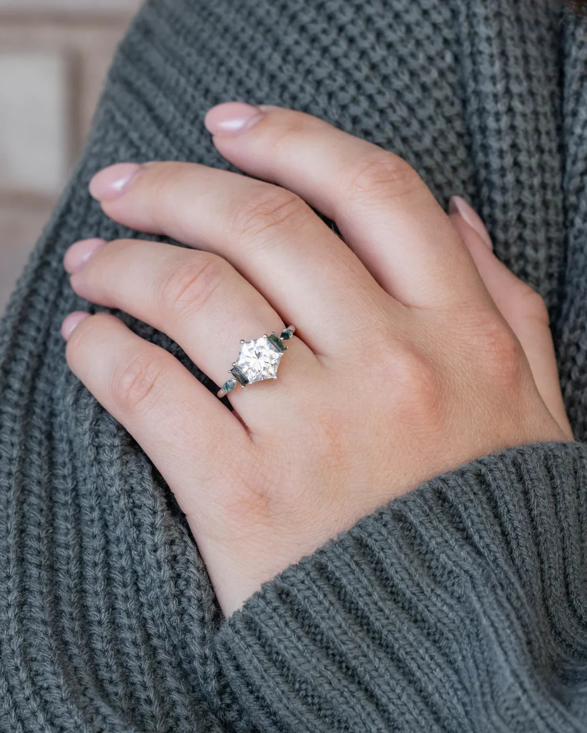 "Sitala" - Hexagon Cut Moissanite Engagement Ring With Moss Agate Accents - 14K White Gold - Size 8 1/4
