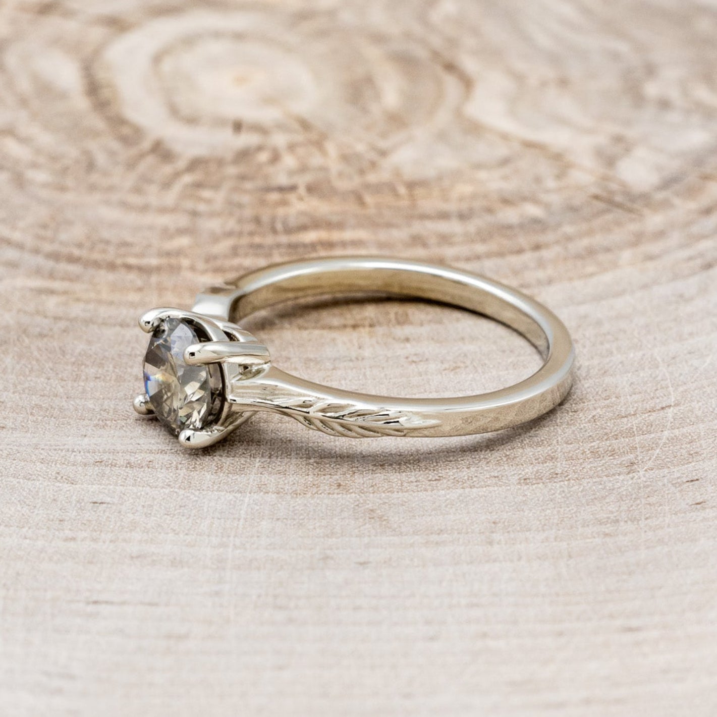 "Hope" - Round Cut Salt & Pepper Diamond Solitaire Engagement Ring With Feather Accents