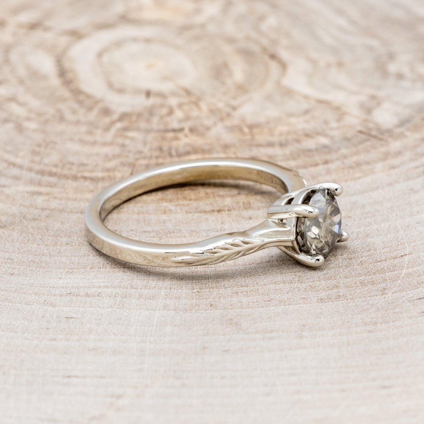 "Hope" - Round Cut Salt & Pepper Diamond Solitaire Engagement Ring With Feather Accents