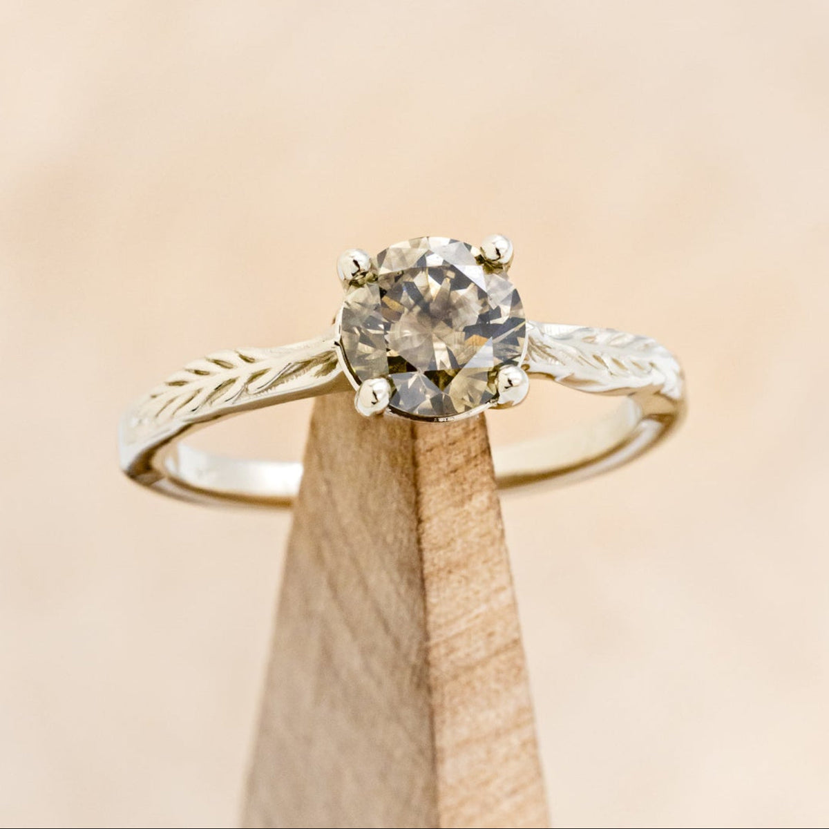 "Hope" - Round Cut Salt & Pepper Diamond Solitaire Engagement Ring With Feather Accents