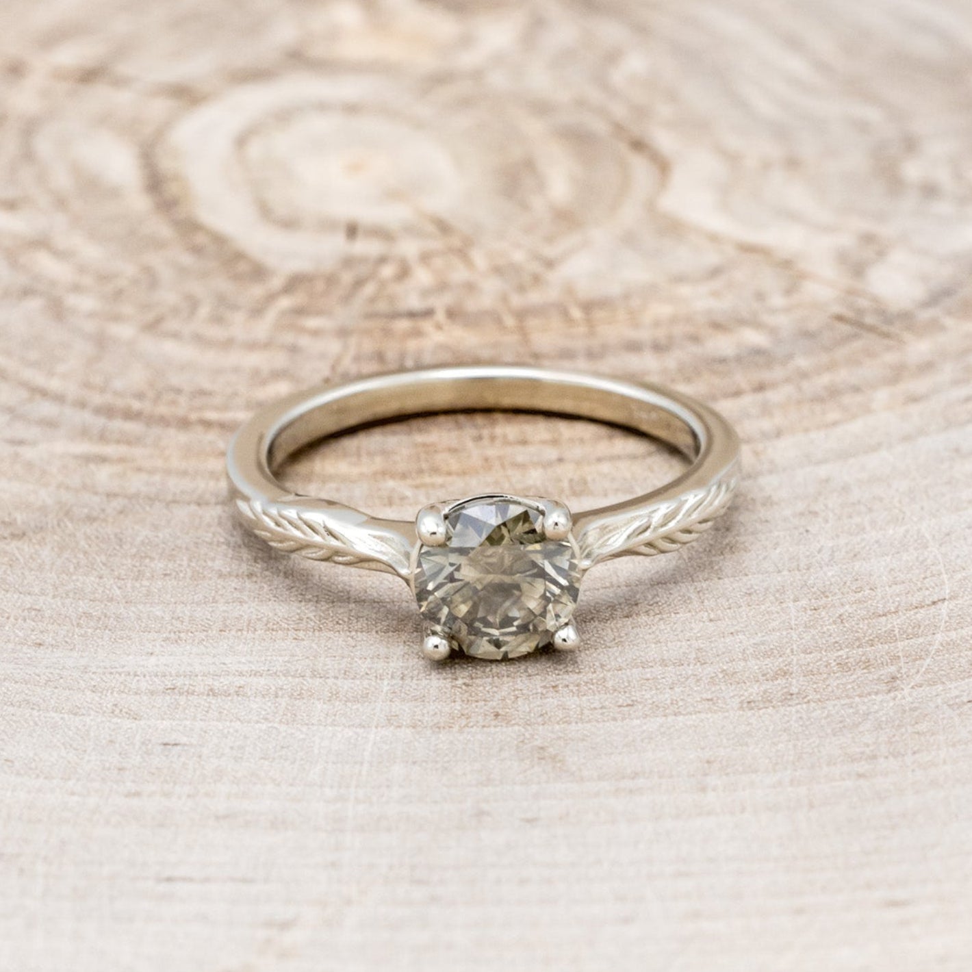 "Hope" - Round Cut Salt & Pepper Diamond Solitaire Engagement Ring With Feather Accents