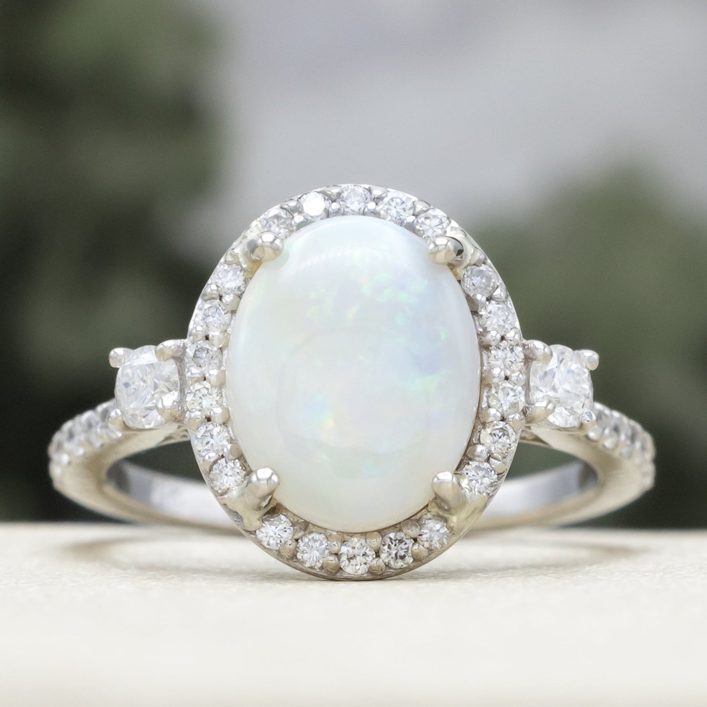 "KB" - Oval Cabochon Cut White Opal Engagement Ring With Diamond Halo & Accents - 14K White Gold - Size 5 1/4